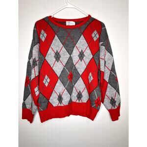 1960s BJ by Billie Jo Argyle Diamond Geometric Thick Crewneck Grandpa Sweater L